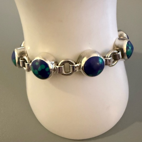 Taxco Mexico Bracelet Azurite Lapis Sterling Silver Signed - Picture 9 of 9